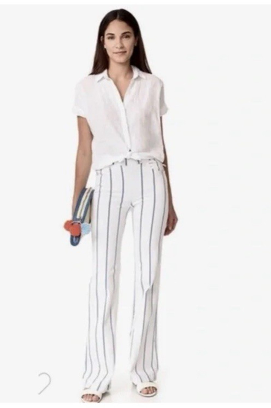 FRAME High Rise Flare Pants Medium White Blue Stripe Zip Side Stretch 26.5 x 32